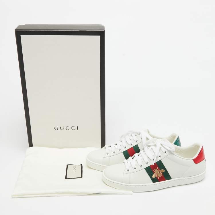 Pre Owned Gucci White Leather Embroidered Bee Ace Sneakers Size 34