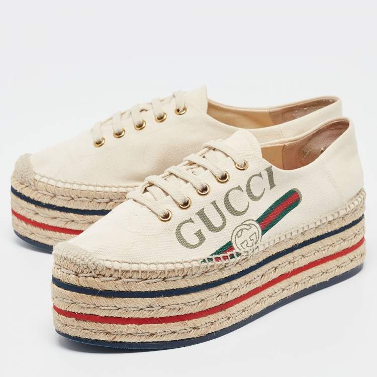 Pre Owned Gucci Cream Canvas Logo Platform Espadrille Flats Size 37.5
