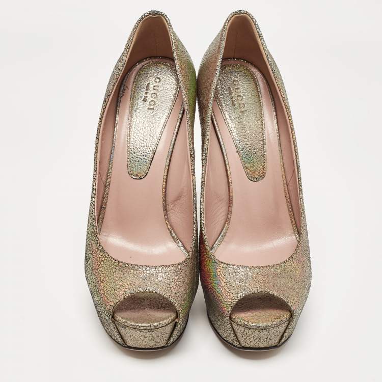 Pre Owned Gucci Metallic Textured Suede Open Toe Platform Pumps Size 40