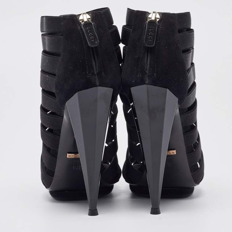 Pre Owned Gucci Black Elastic and Suede Isadora Gladiator Boots Size 36.5