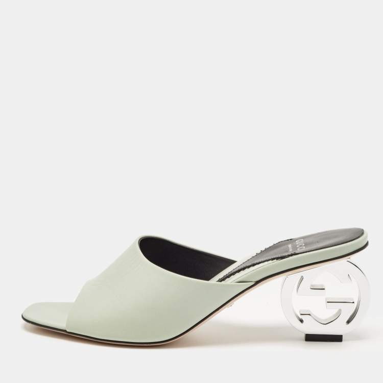 Pre Owned Gucci Mint Green Leather Interlocking G Heel Slide Sandals Size 39