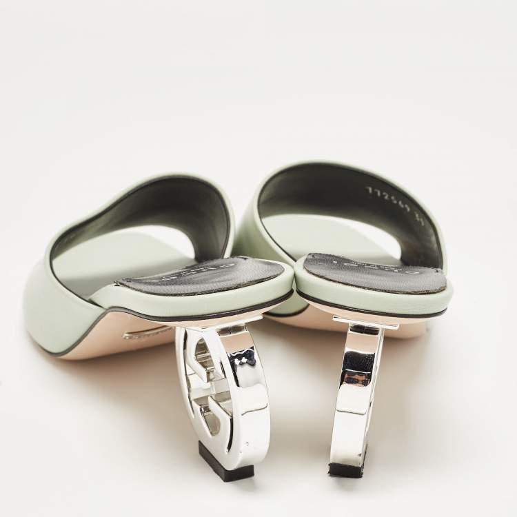 Pre Owned Gucci Mint Green Leather Interlocking G Heel Slide Sandals Size 39