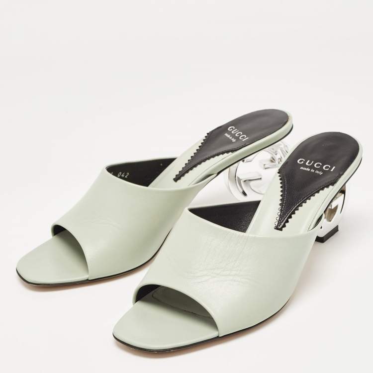 Pre Owned Gucci Mint Green Leather Interlocking G Heel Slide Sandals Size 39