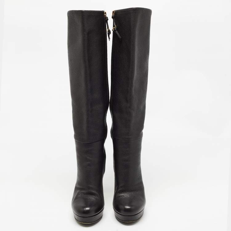 Pre Owned Gucci Black Leather Knee Length Boots Size 37.5
