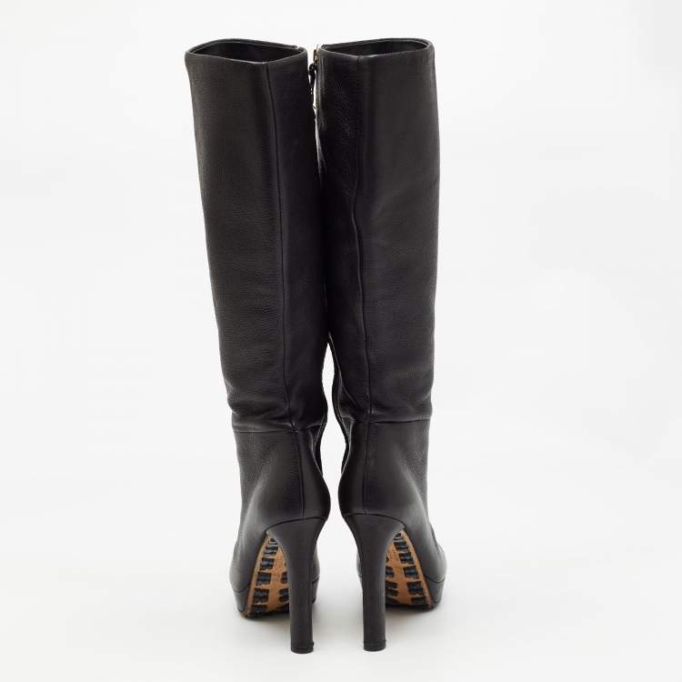 Pre Owned Gucci Black Leather Knee Length Boots Size 37.5