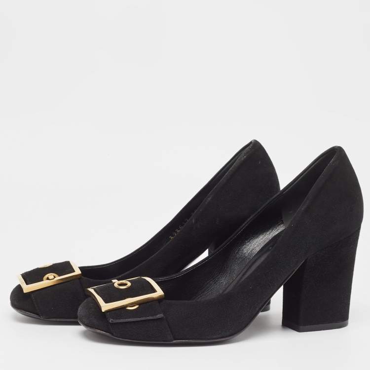 Pre Owned Gucci Black Suede Buckle Detail Block Pumps Size 38