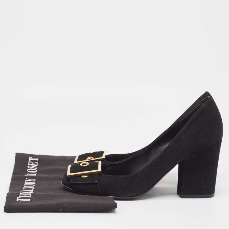 Pre Owned Gucci Black Suede Buckle Detail Block Pumps Size 38