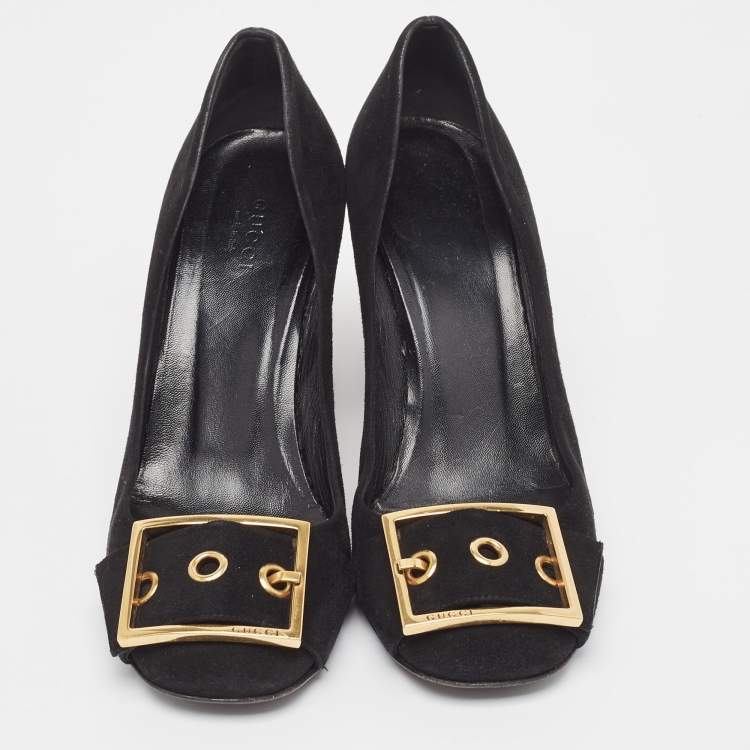 Pre Owned Gucci Black Suede Buckle Detail Block Pumps Size 38