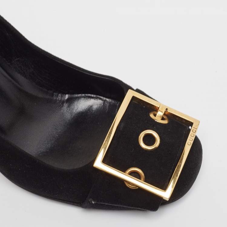 Pre Owned Gucci Black Suede Buckle Detail Block Pumps Size 38