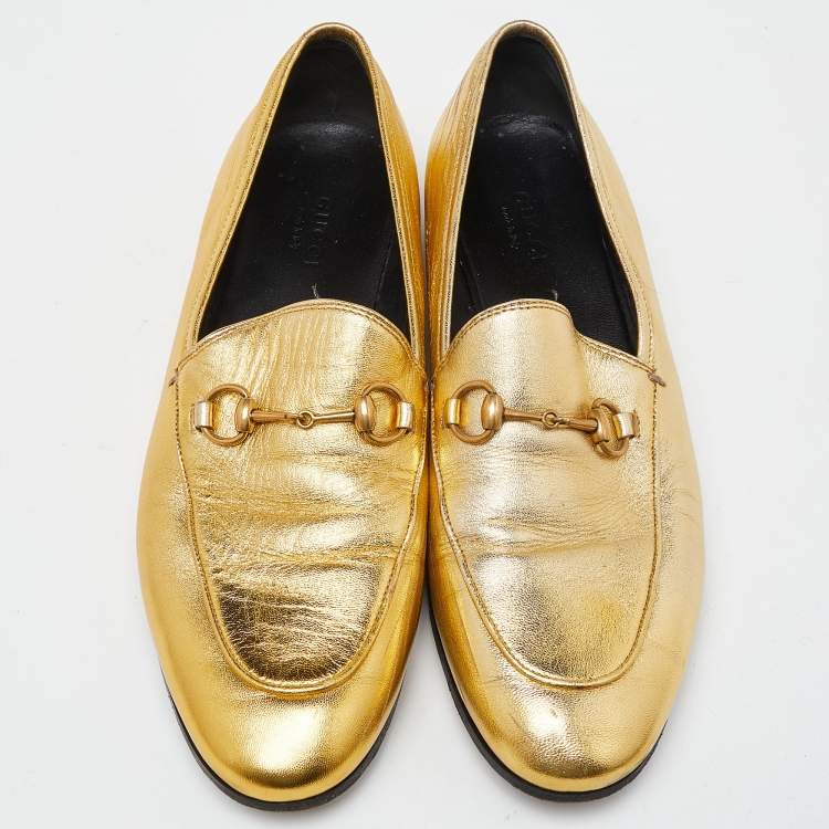 Pre Owned Gucci Gold Leather Jordaan Loafers Size 39