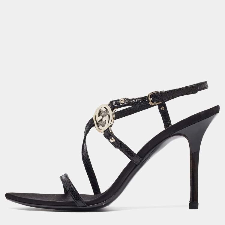 Pre Owned Gucci Black Lizard Embossed Leather Slingback Sandals Size 37