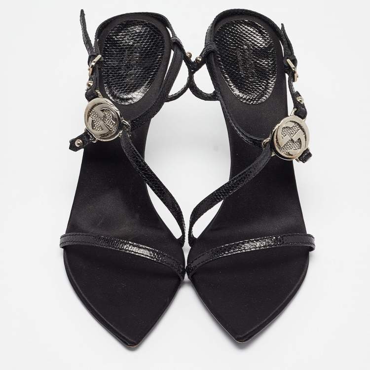 Pre Owned Gucci Black Lizard Embossed Leather Slingback Sandals Size 37