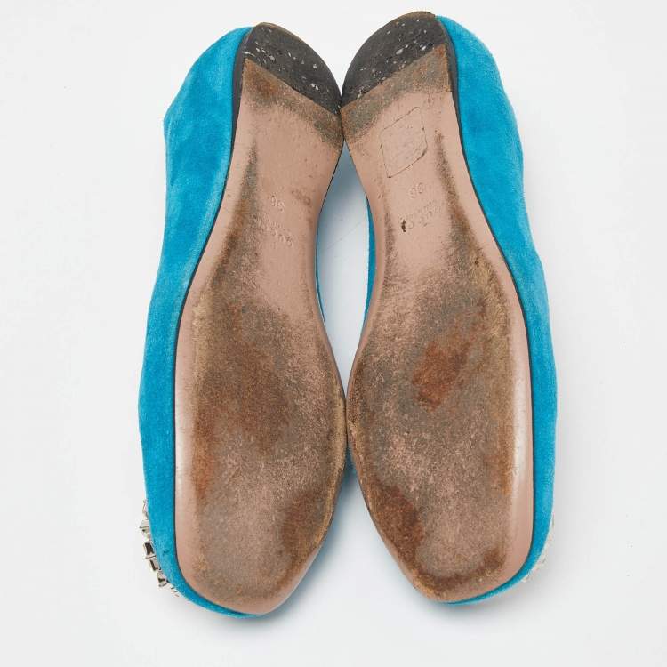 Pre Owned Gucci Blue Suede Interlocking G Crystals Ballet Flats Size 36