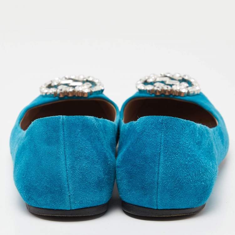 Pre Owned Gucci Blue Suede Interlocking G Crystals Ballet Flats Size 36