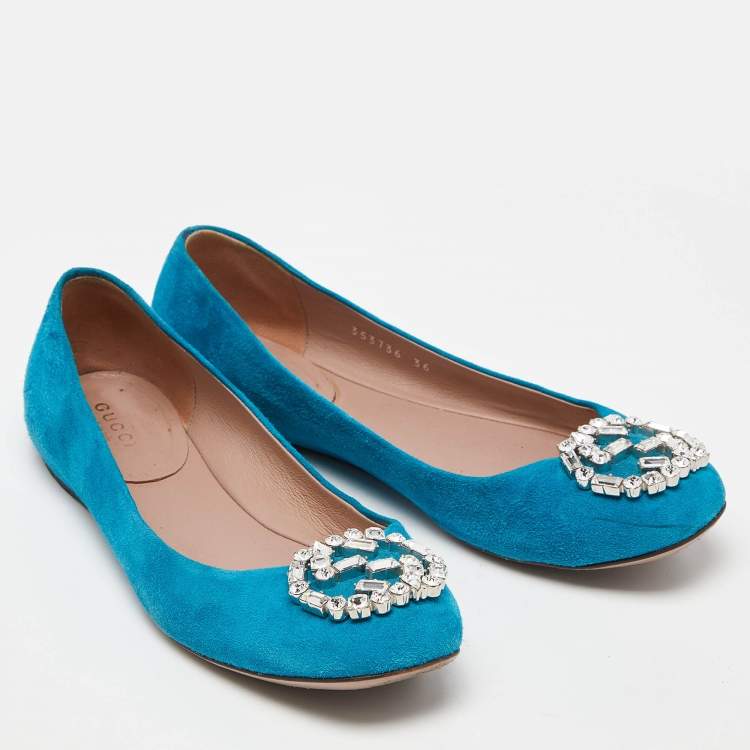 Pre Owned Gucci Blue Suede Interlocking G Crystals Ballet Flats Size 36