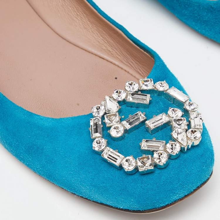 Pre Owned Gucci Blue Suede Interlocking G Crystals Ballet Flats Size 36