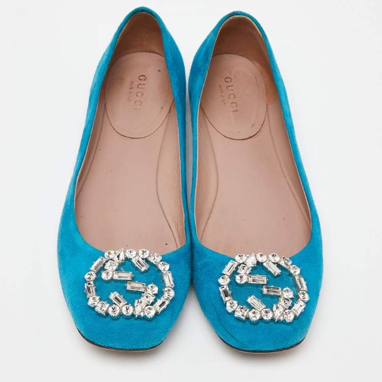 Pre Owned Gucci Blue Suede Interlocking G Crystals Ballet Flats Size 36