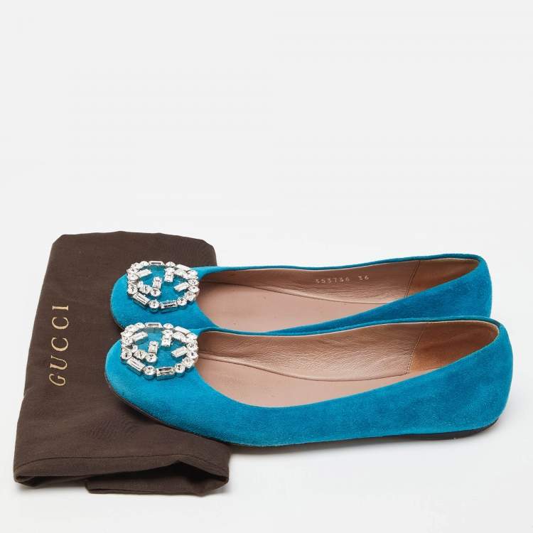 Pre Owned Gucci Blue Suede Interlocking G Crystals Ballet Flats Size 36