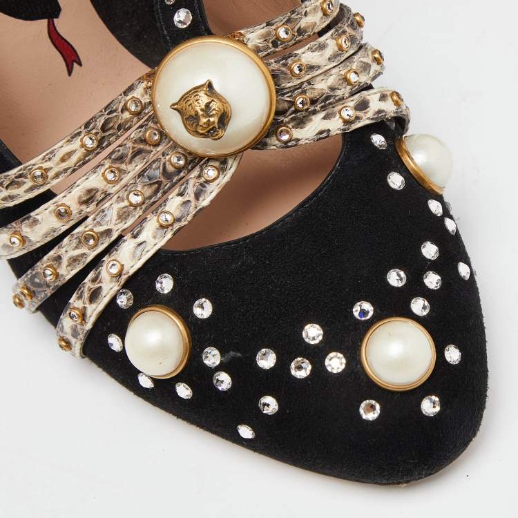 Pre Owned Gucci Black/Beige Snakeskin and Suede  Embellished Platform Pumps Size 37