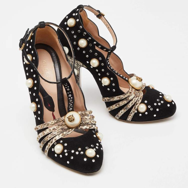 Pre Owned Gucci Black/Beige Snakeskin and Suede  Embellished Platform Pumps Size 37