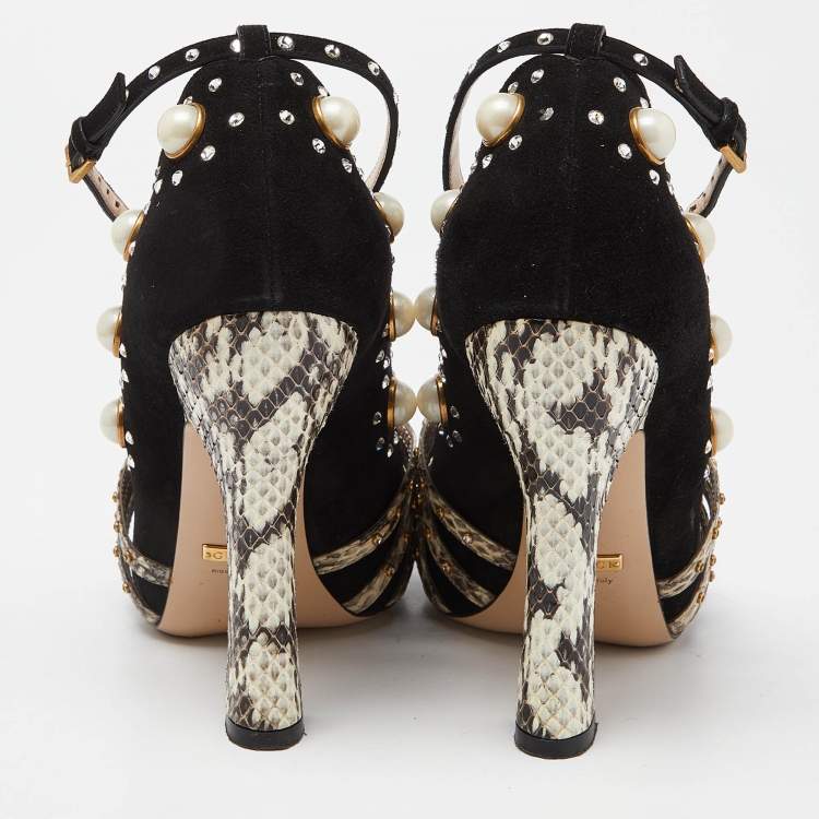 Pre Owned Gucci Black/Beige Snakeskin and Suede  Embellished Platform Pumps Size 37