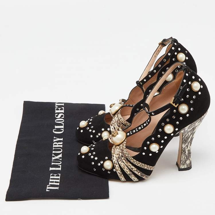 Pre Owned Gucci Black/Beige Snakeskin and Suede  Embellished Platform Pumps Size 37