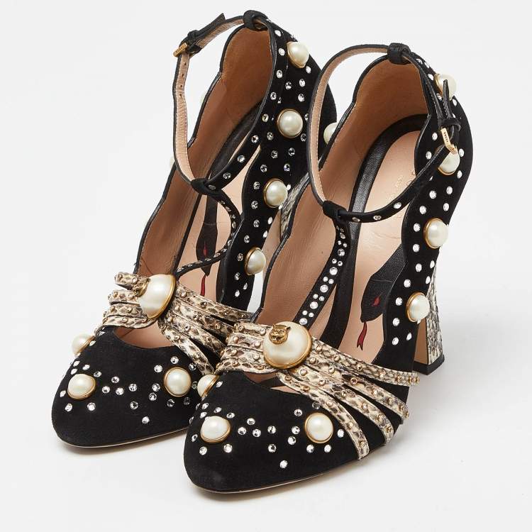Pre Owned Gucci Black/Beige Snakeskin and Suede  Embellished Platform Pumps Size 37