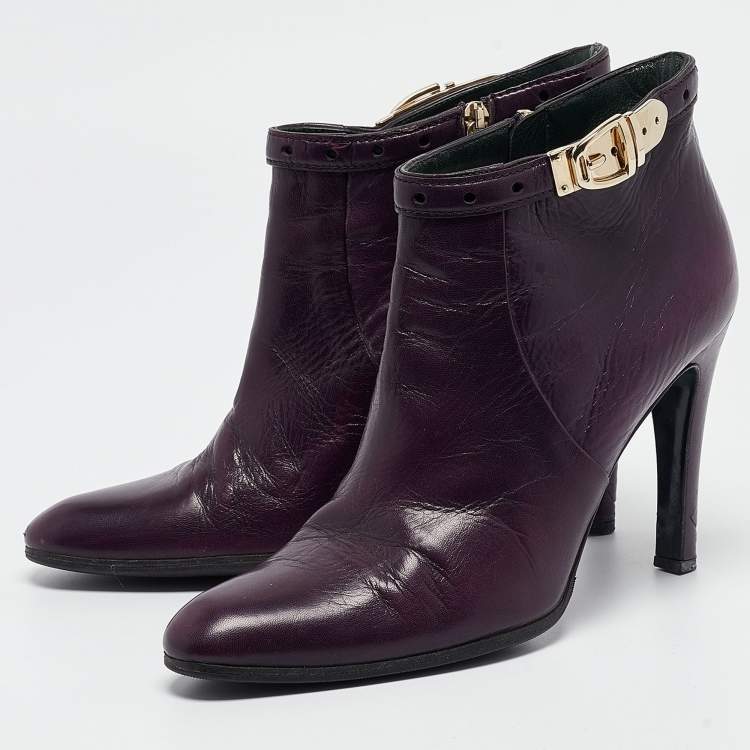 Pre Owned Gucci Purple Leather Buckle Detail Ankle Booties Size 37.5