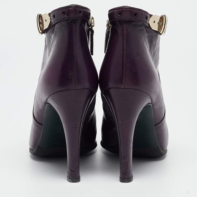 Pre Owned Gucci Purple Leather Buckle Detail Ankle Booties Size 37.5