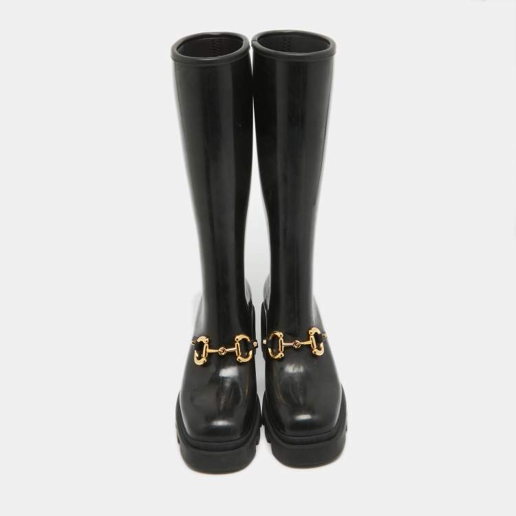 Pre Owned Gucci Black Rubber Horsebit Rain Boots Size 40