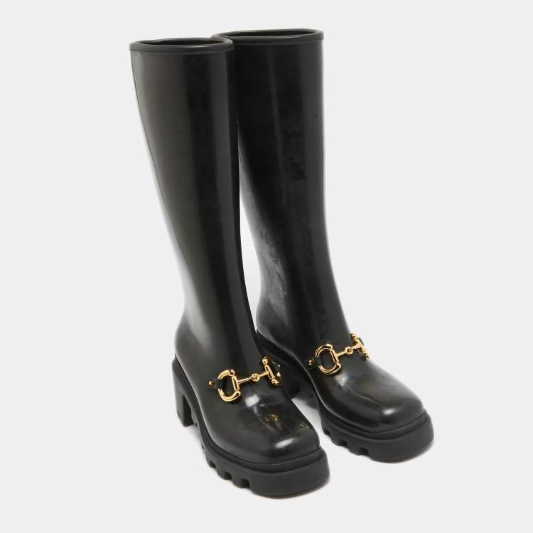 Pre Owned Gucci Black Rubber Horsebit Rain Boots Size 40