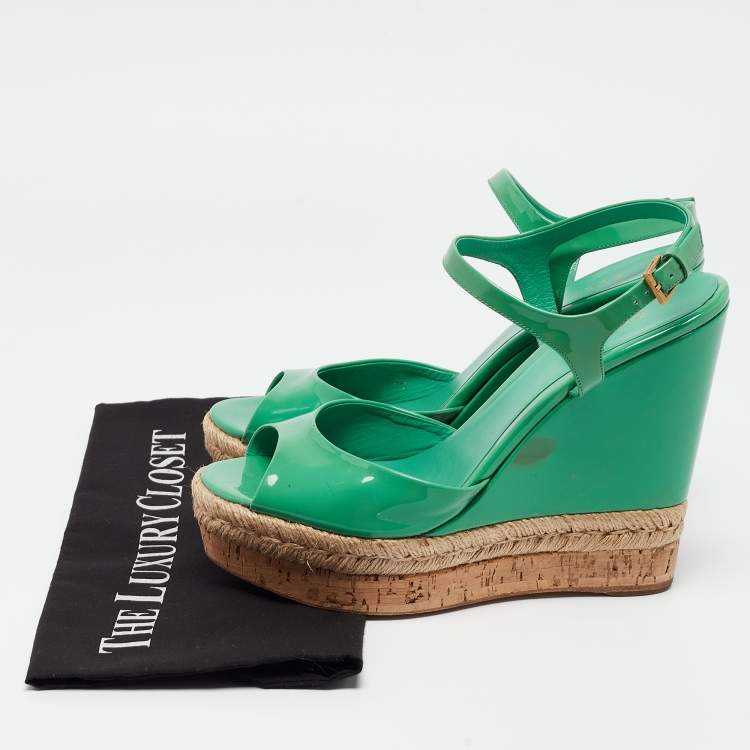 Pre Owned Gucci Green Patent Microguccissima Hollie Wedge Sandals Size 39.5