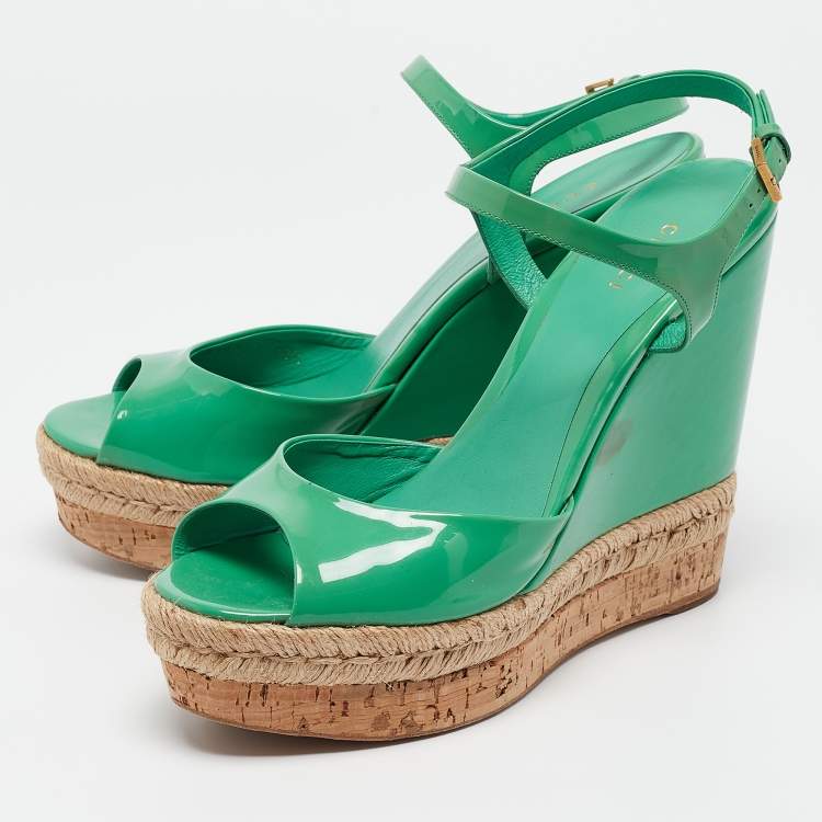 Pre Owned Gucci Green Patent Microguccissima Hollie Wedge Sandals Size 39.5
