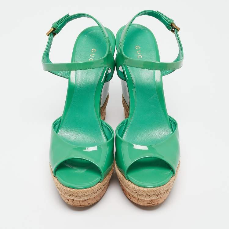 Pre Owned Gucci Green Patent Microguccissima Hollie Wedge Sandals Size 39.5