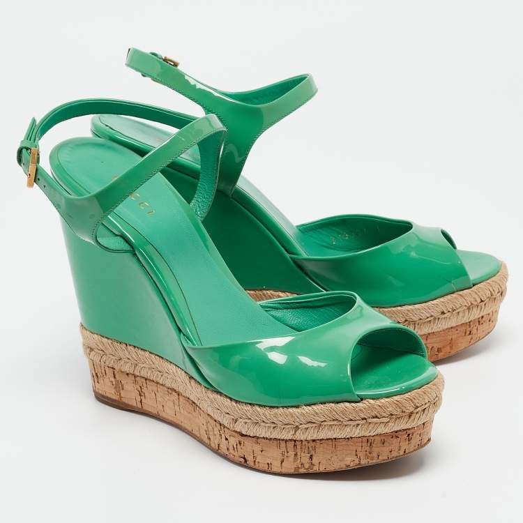 Pre Owned Gucci Green Patent Microguccissima Hollie Wedge Sandals Size 39.5