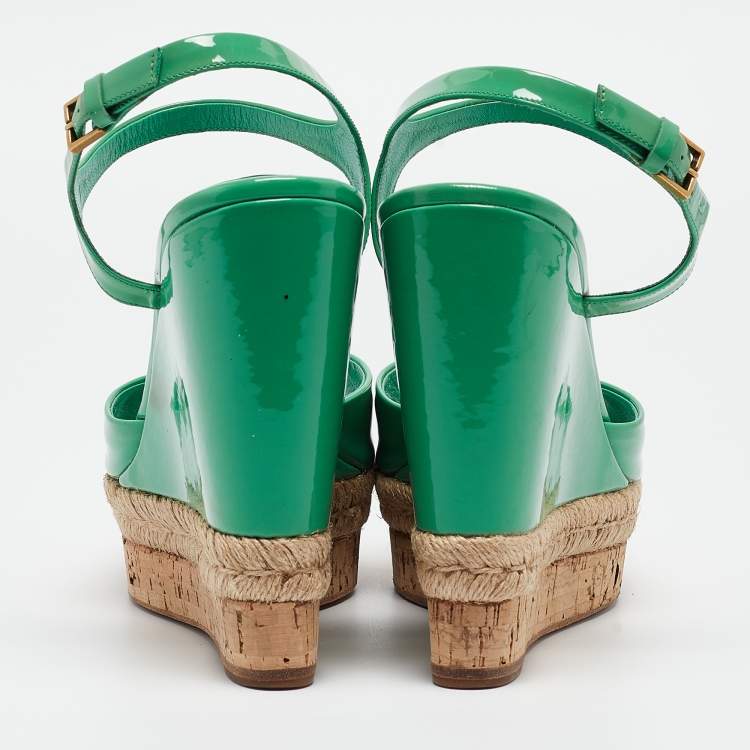 Pre Owned Gucci Green Patent Microguccissima Hollie Wedge Sandals Size 39.5