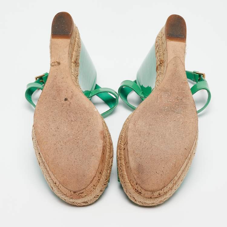 Pre Owned Gucci Green Patent Microguccissima Hollie Wedge Sandals Size 39.5
