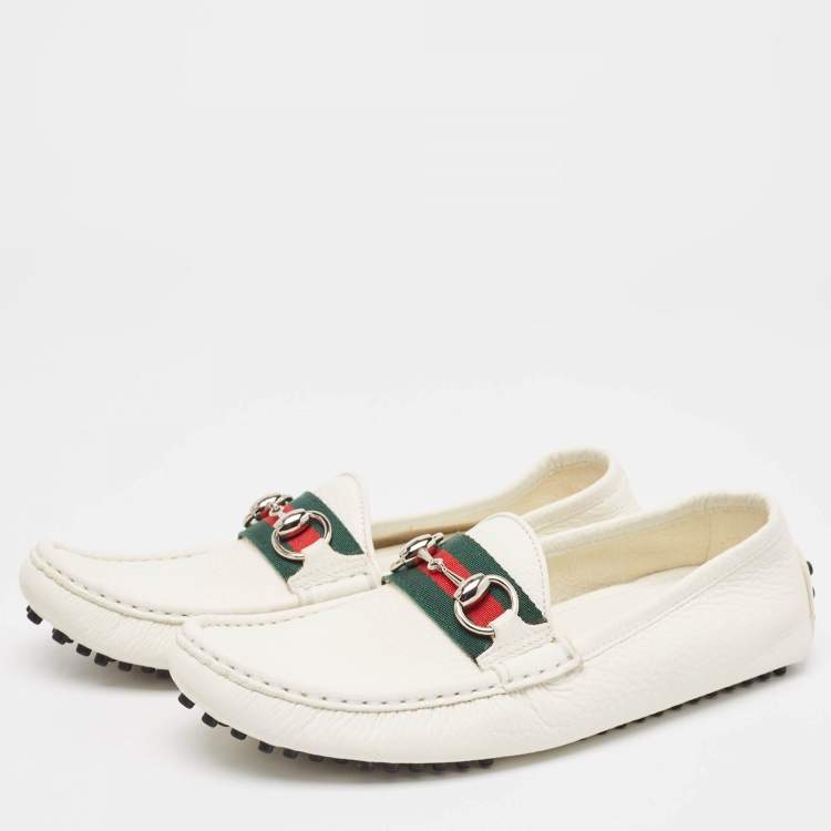 Pre Owned Gucci White Leather Horsebit Web Detail Loafers Size 37