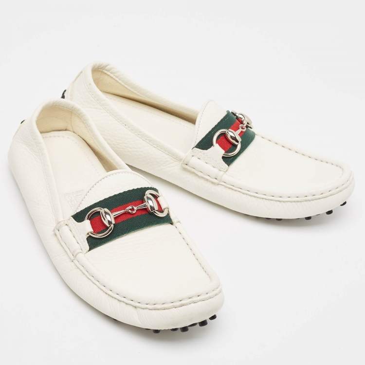 Pre Owned Gucci White Leather Horsebit Web Detail Loafers Size 37