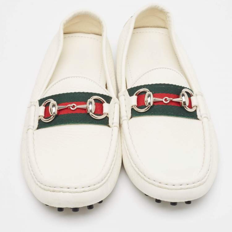 Pre Owned Gucci White Leather Horsebit Web Detail Loafers Size 37