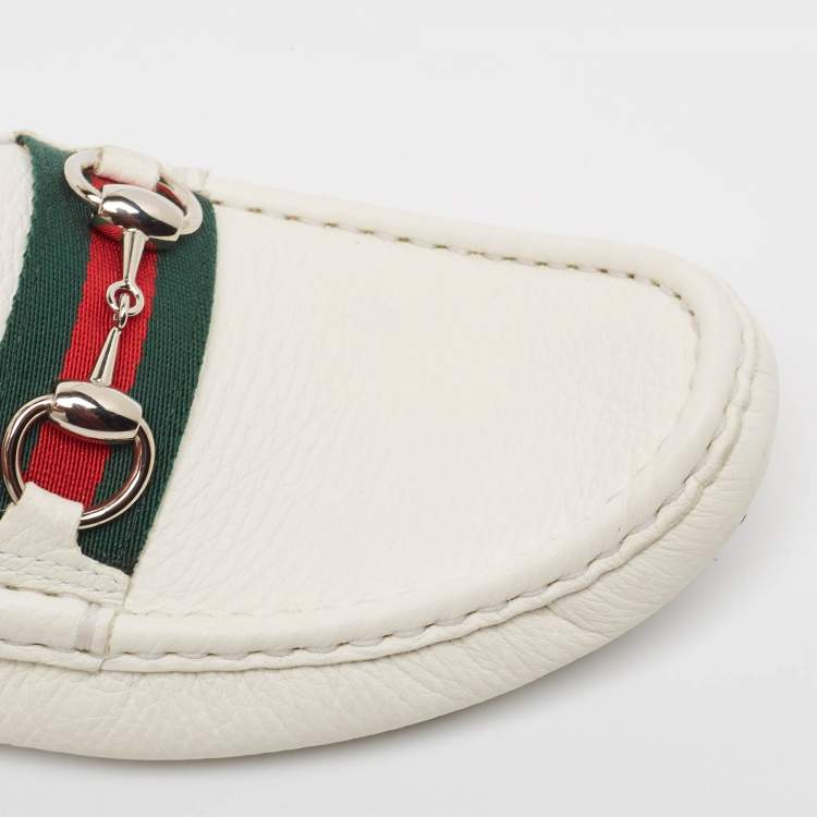 Pre Owned Gucci White Leather Horsebit Web Detail Loafers Size 37