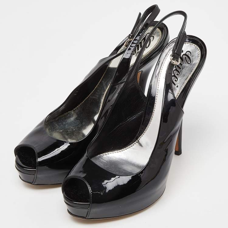 Pre Owned Gucci Black Patent Leather Peep Toe Slingback Sandals Size 38