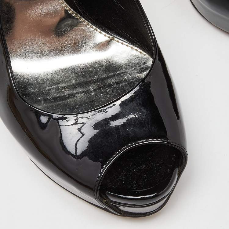 Pre Owned Gucci Black Patent Leather Peep Toe Slingback Sandals Size 38