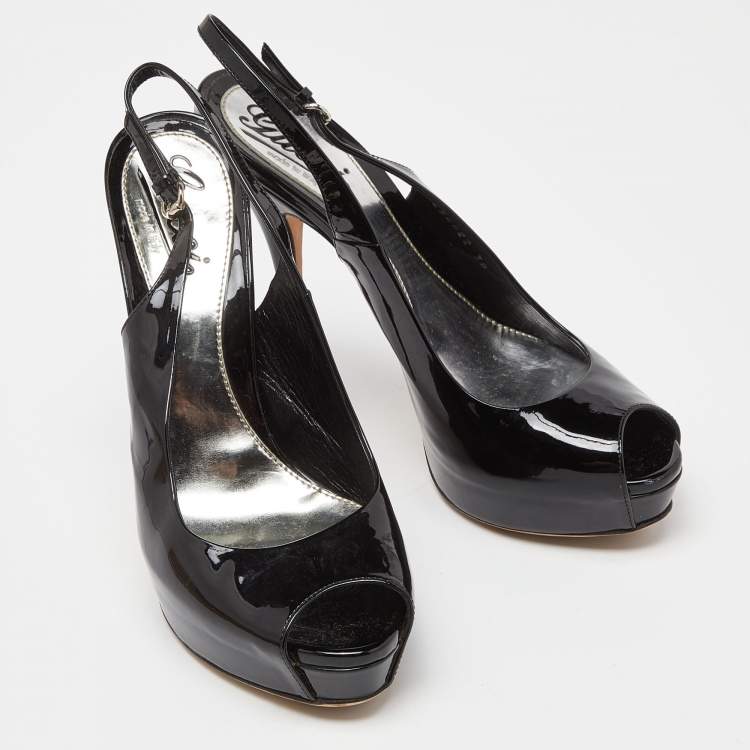 Pre Owned Gucci Black Patent Leather Peep Toe Slingback Sandals Size 38
