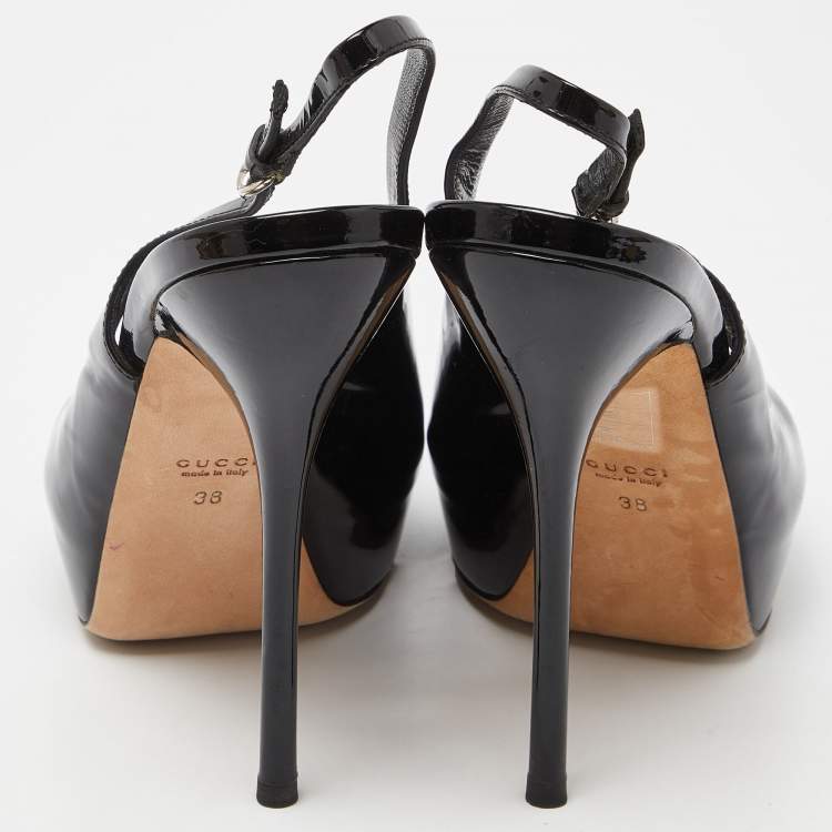 Pre Owned Gucci Black Patent Leather Peep Toe Slingback Sandals Size 38
