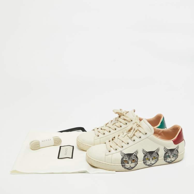 Pre Owned Gucci Off White Leather Mystic Cat Ace Sneakers Size 37