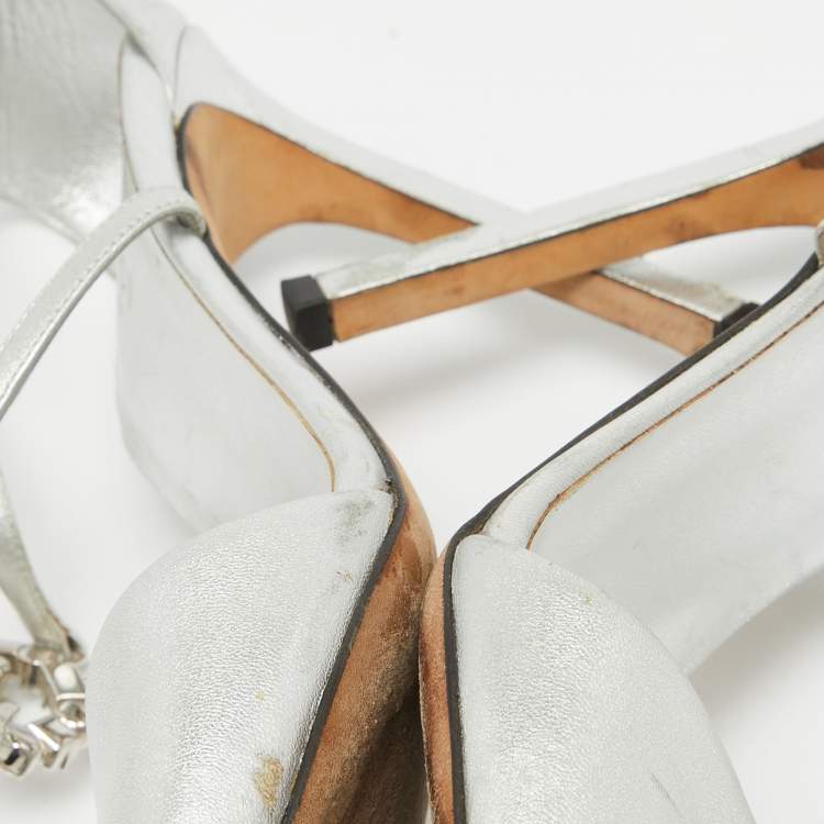 Pre Owned Gucci Silver Leather Crystal Embellished GG Logo Ankle Strap Sandals Size 37.5