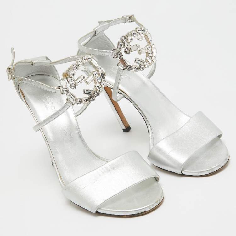 Pre Owned Gucci Silver Leather Crystal Embellished GG Logo Ankle Strap Sandals Size 37.5