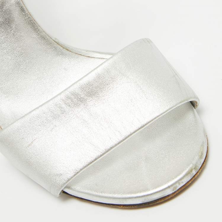 Pre Owned Gucci Silver Leather Crystal Embellished GG Logo Ankle Strap Sandals Size 37.5