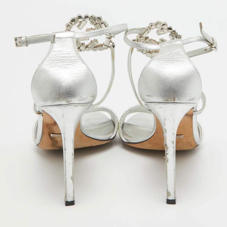 Pre Owned Gucci Silver Leather Crystal Embellished GG Logo Ankle Strap Sandals Size 37.5